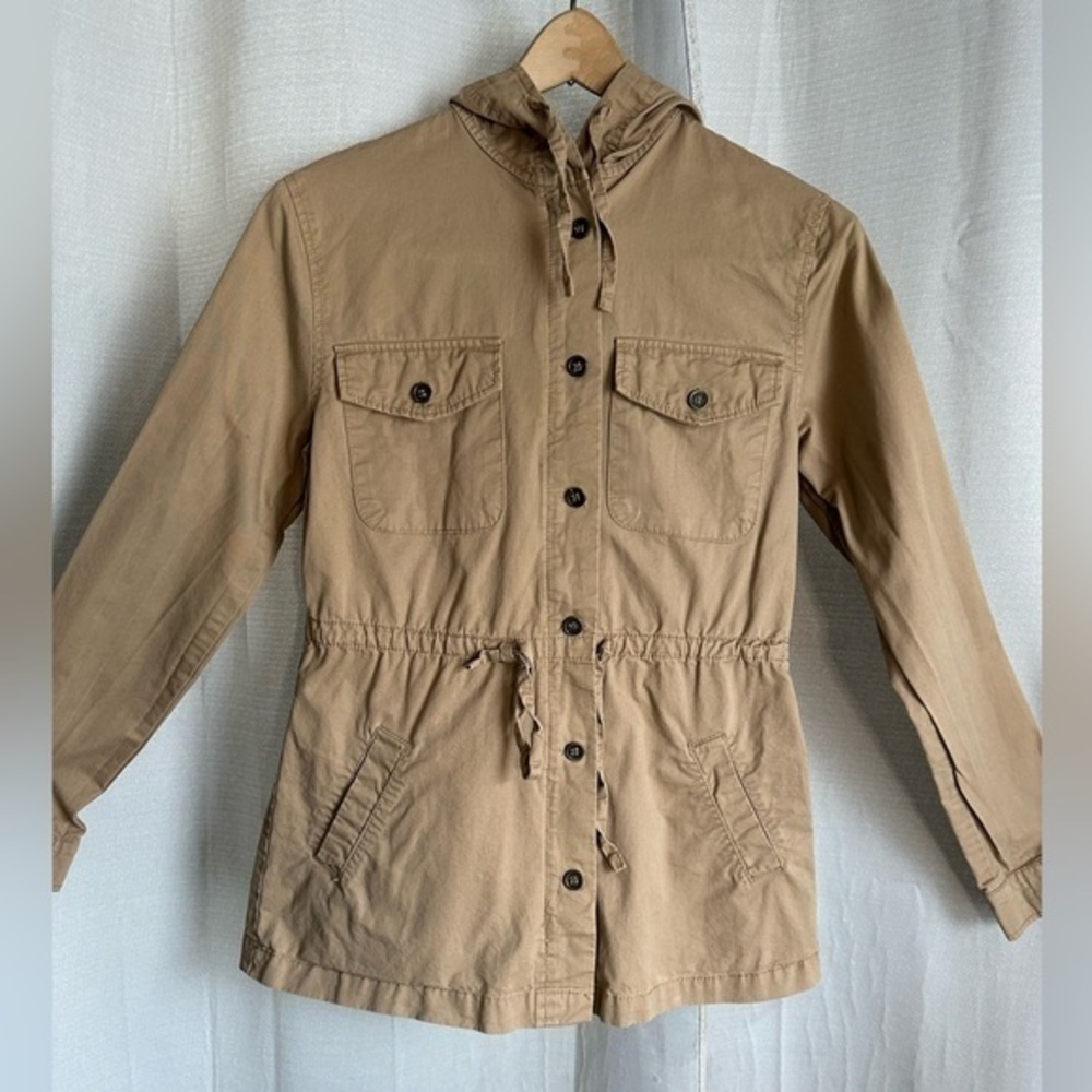Love Tree Tan Khaki Utility Jacket Hooded Drawstring Waist Small